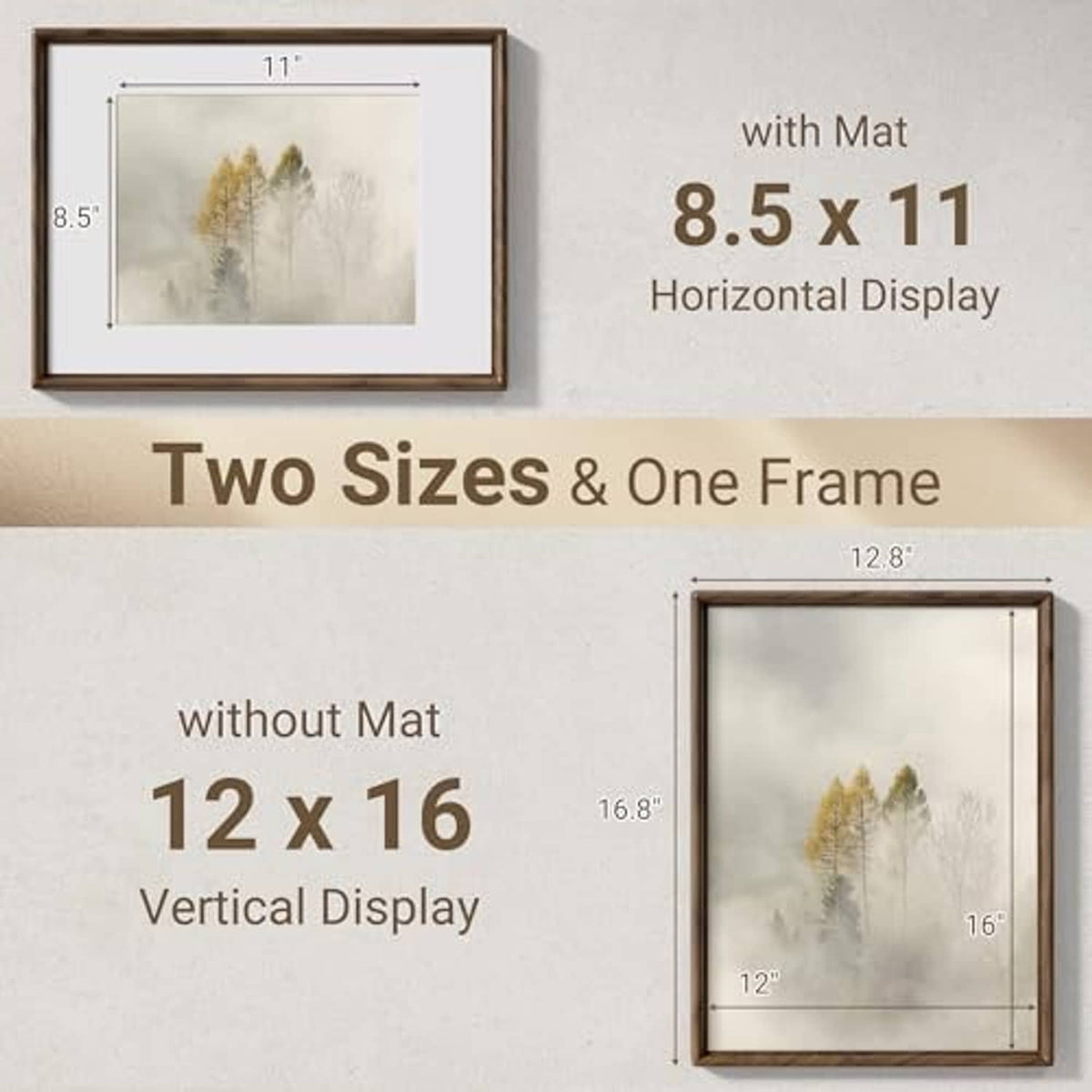 Walnut picture frame with white mat, shown for horizontal 8.5x11 photo display.
