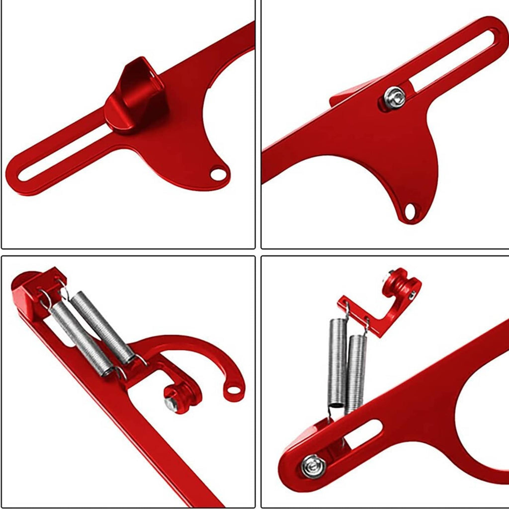 Red throttle cable bracket close-up with spring hardware and mounting holes