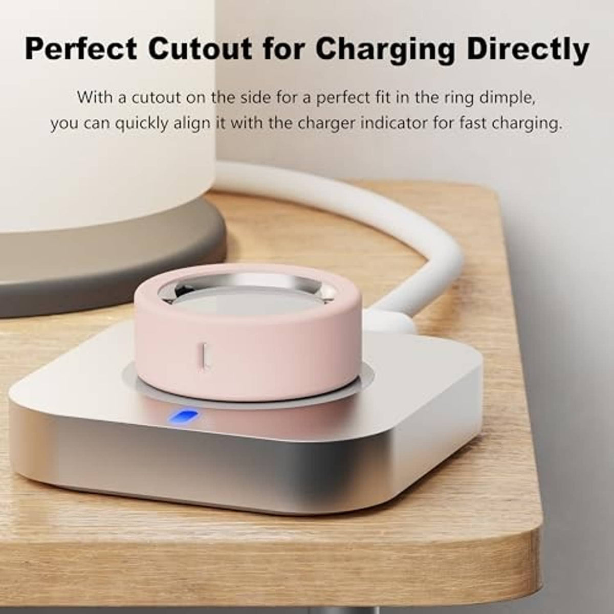 Pink silicone ring protector with side cutout for direct charging placement