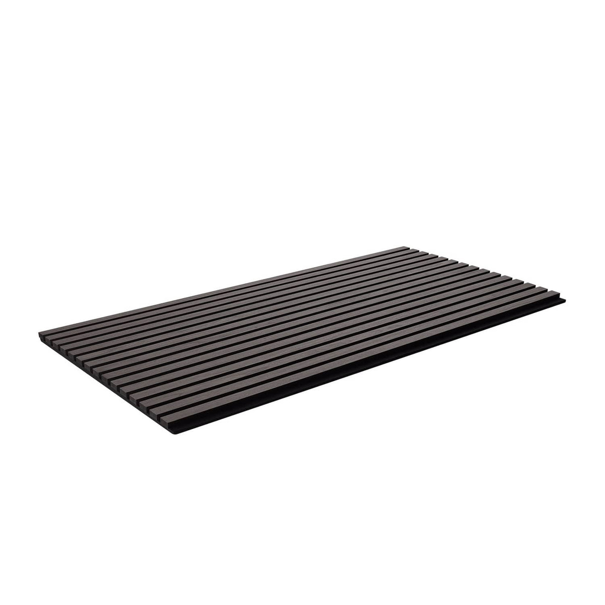 Black oak wood slat acoustic panel, flat angled view with parallel ridges