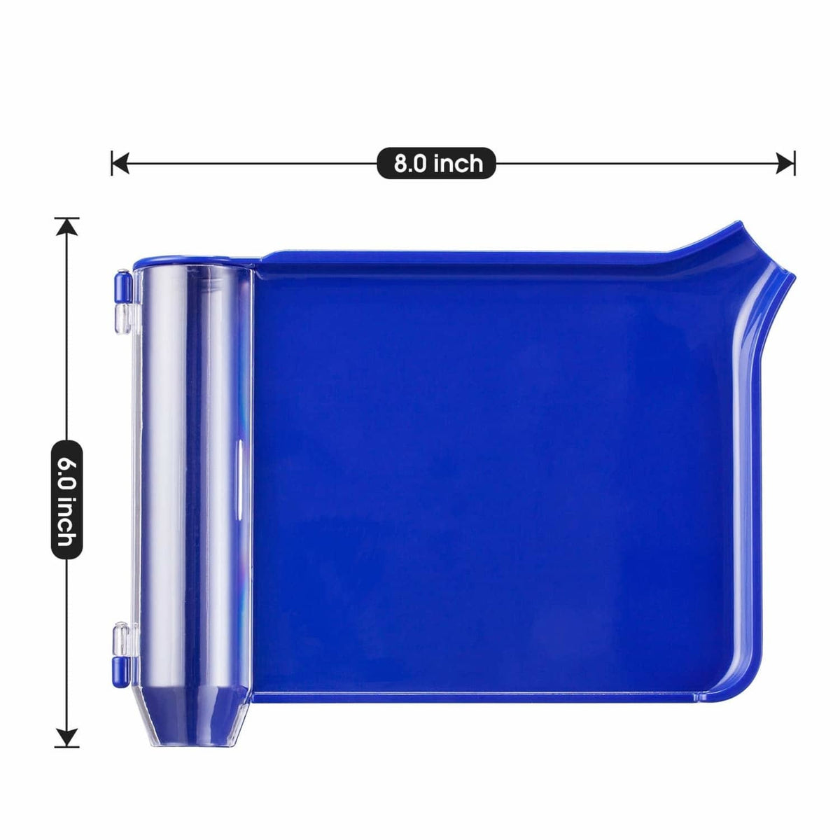 Blue plastic L-shaped pill tray side view, 8-inch length marked