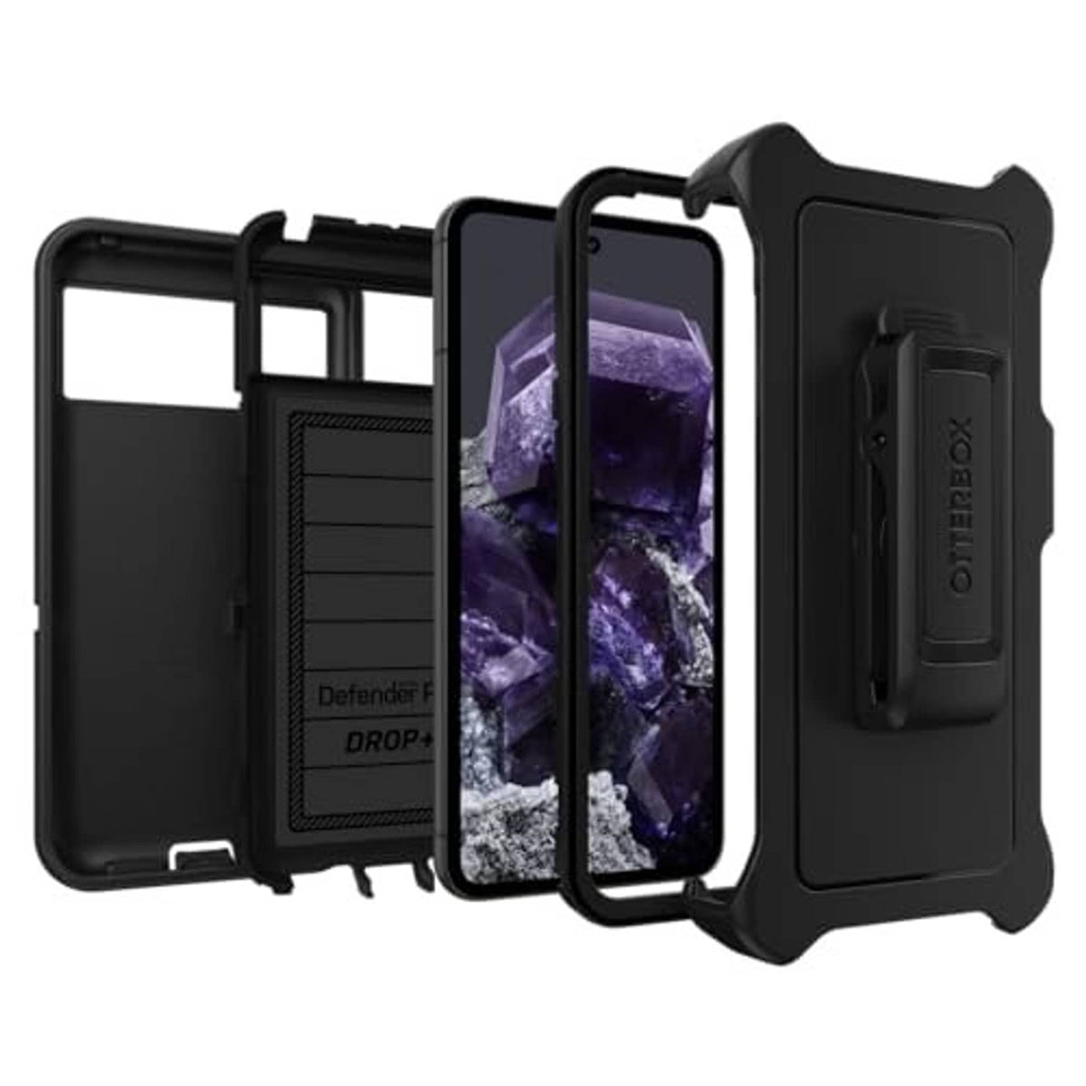 Black Defender phone case open view with holster and front screen coverage
