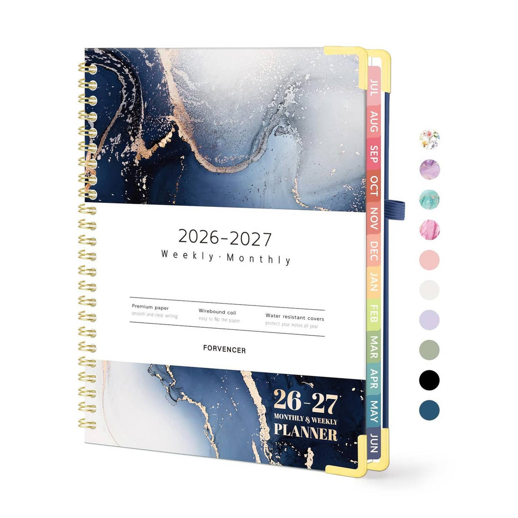 Navy marble academic planner with spiral binding, 2026–2027 weekly monthly cover