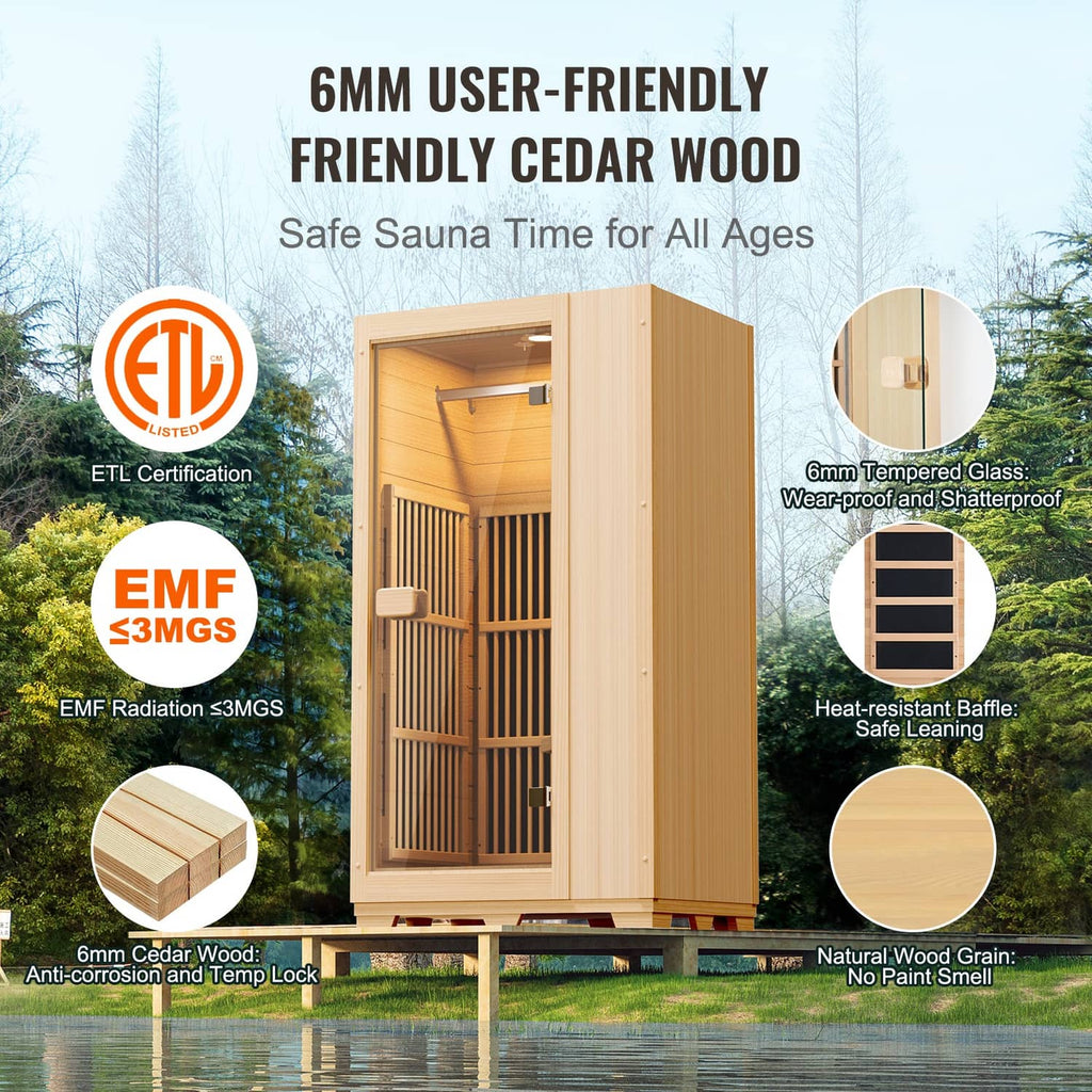 Cedar wood one-person sauna with tempered glass door and safety baffle