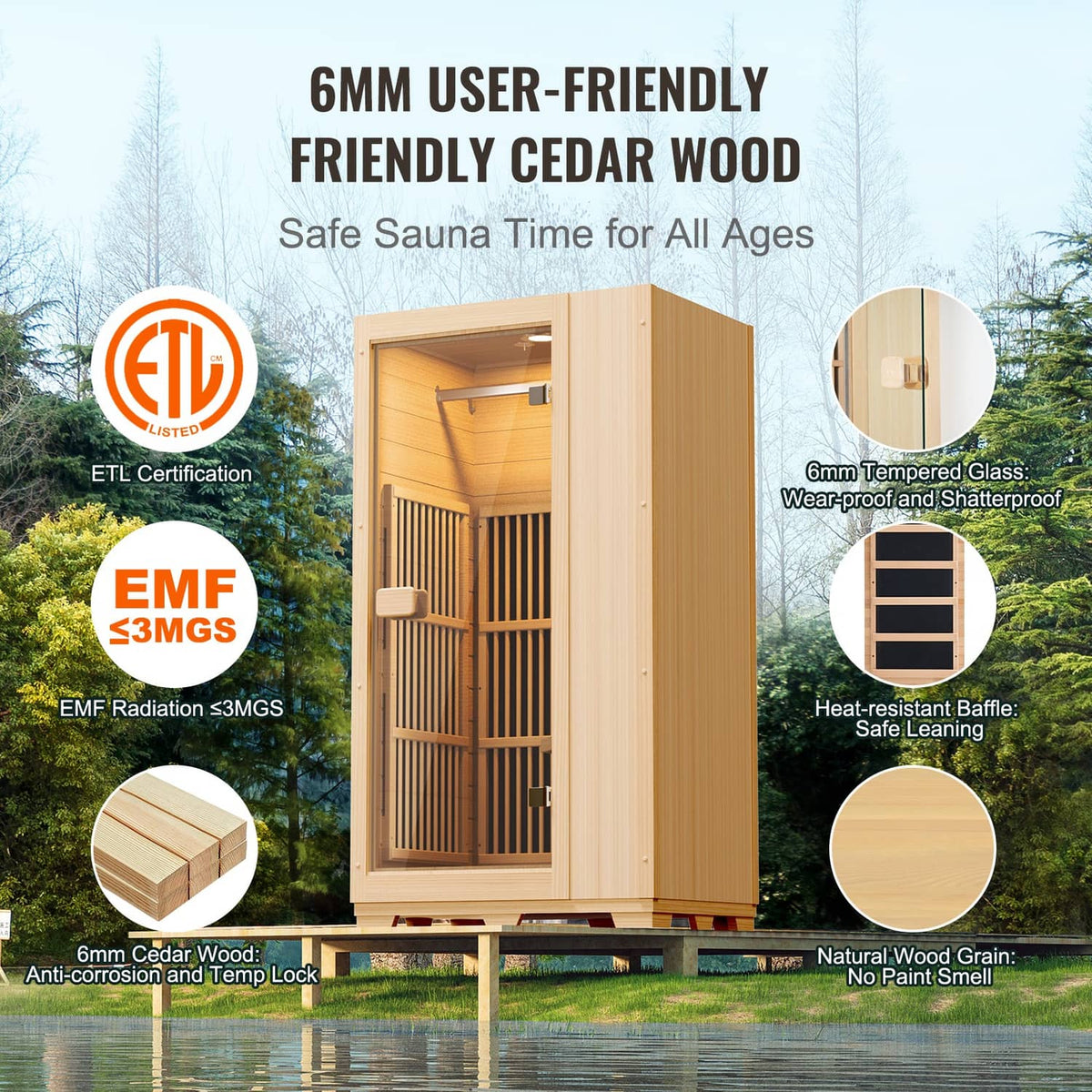 Cedar wood one-person sauna with tempered glass door and safety baffle