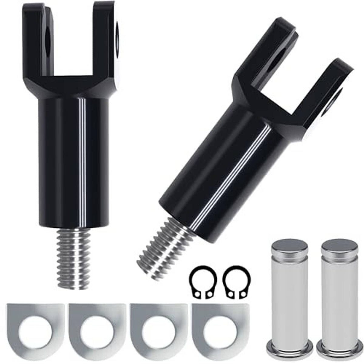 Black foot peg clevis mount pair with hardware set including pins, washers, and spacers
