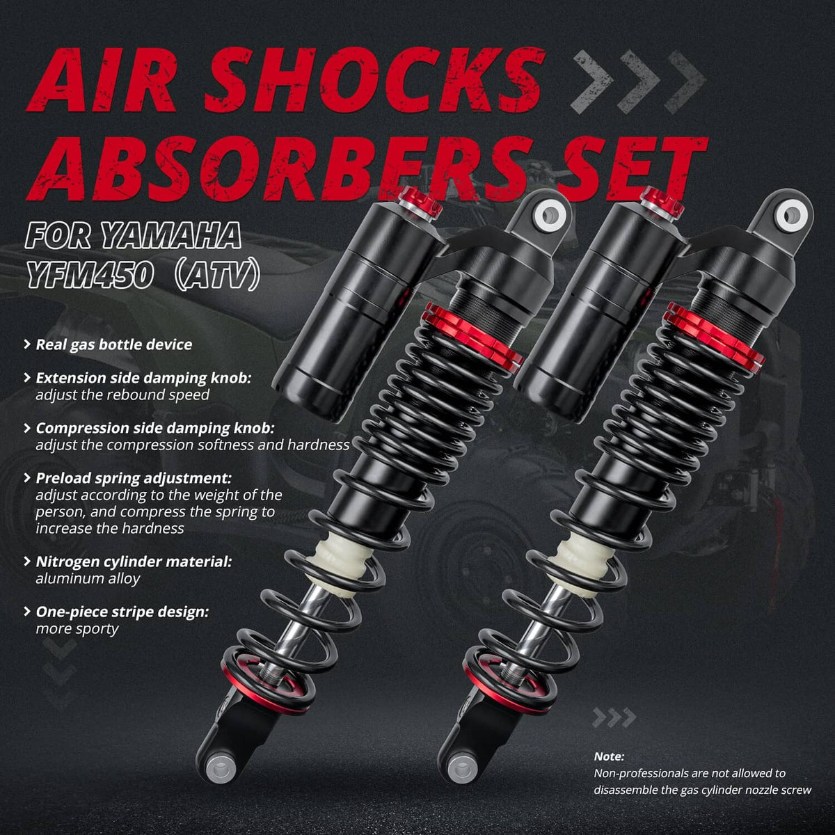 Front air shock absorbers set for off-road use, black shocks with red accents