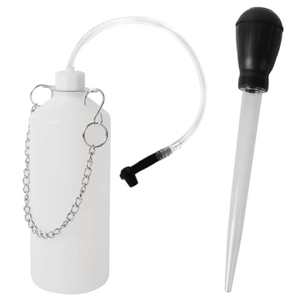 Brake fluid extractor kit with white bottle, clear hose, and black-tipped dropper tube