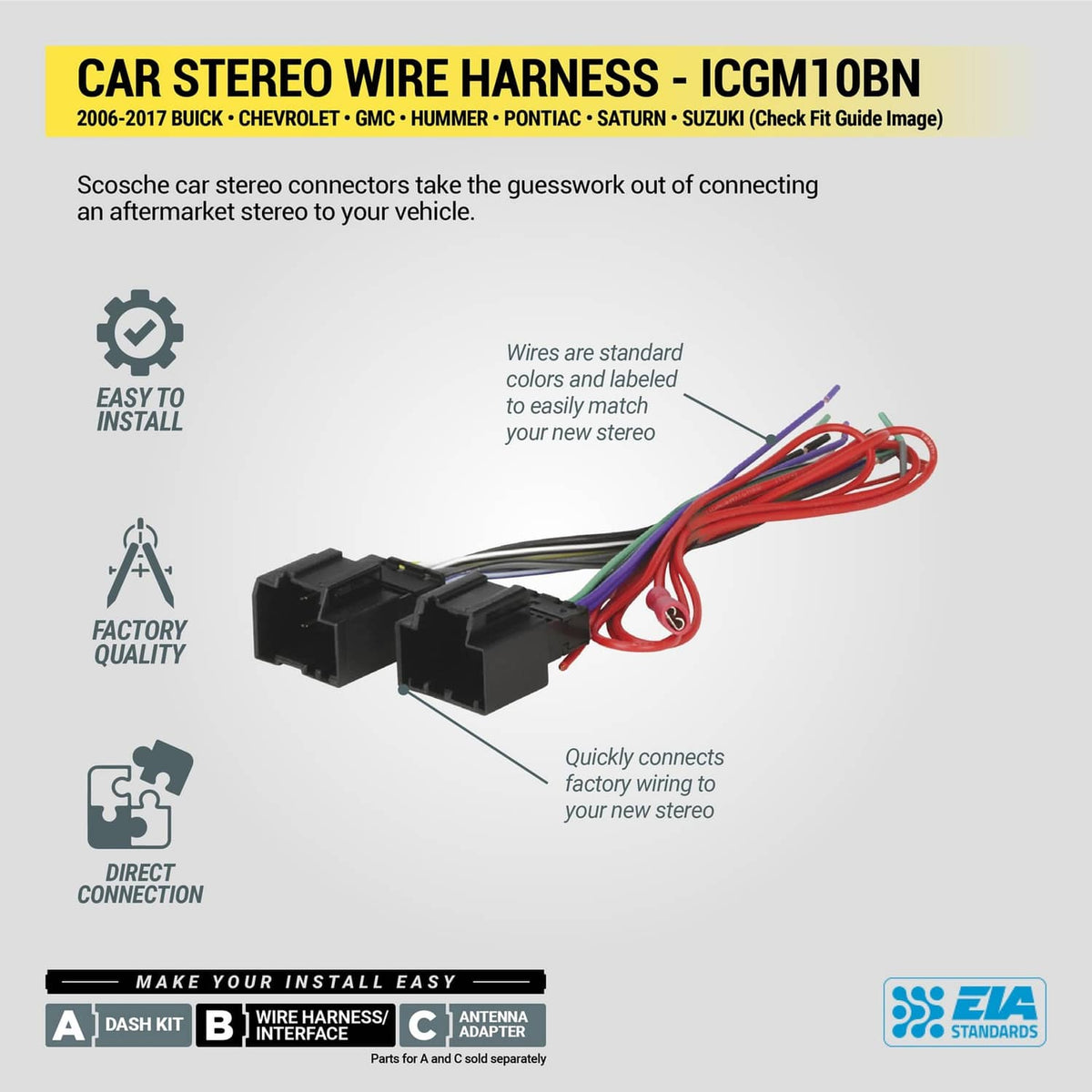 Car stereo wire harness with two black connectors and bundled colored wires