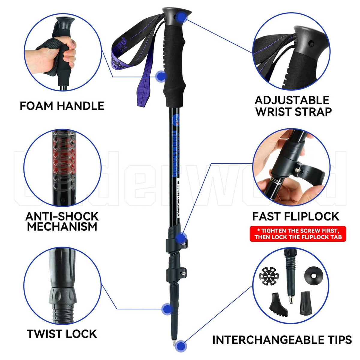 Adjustable black trekking poles with foam handle grip and wrist strap