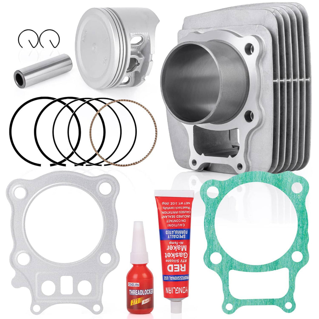 Top end rebuild kit components: cylinder, piston, rings, and gaskets
