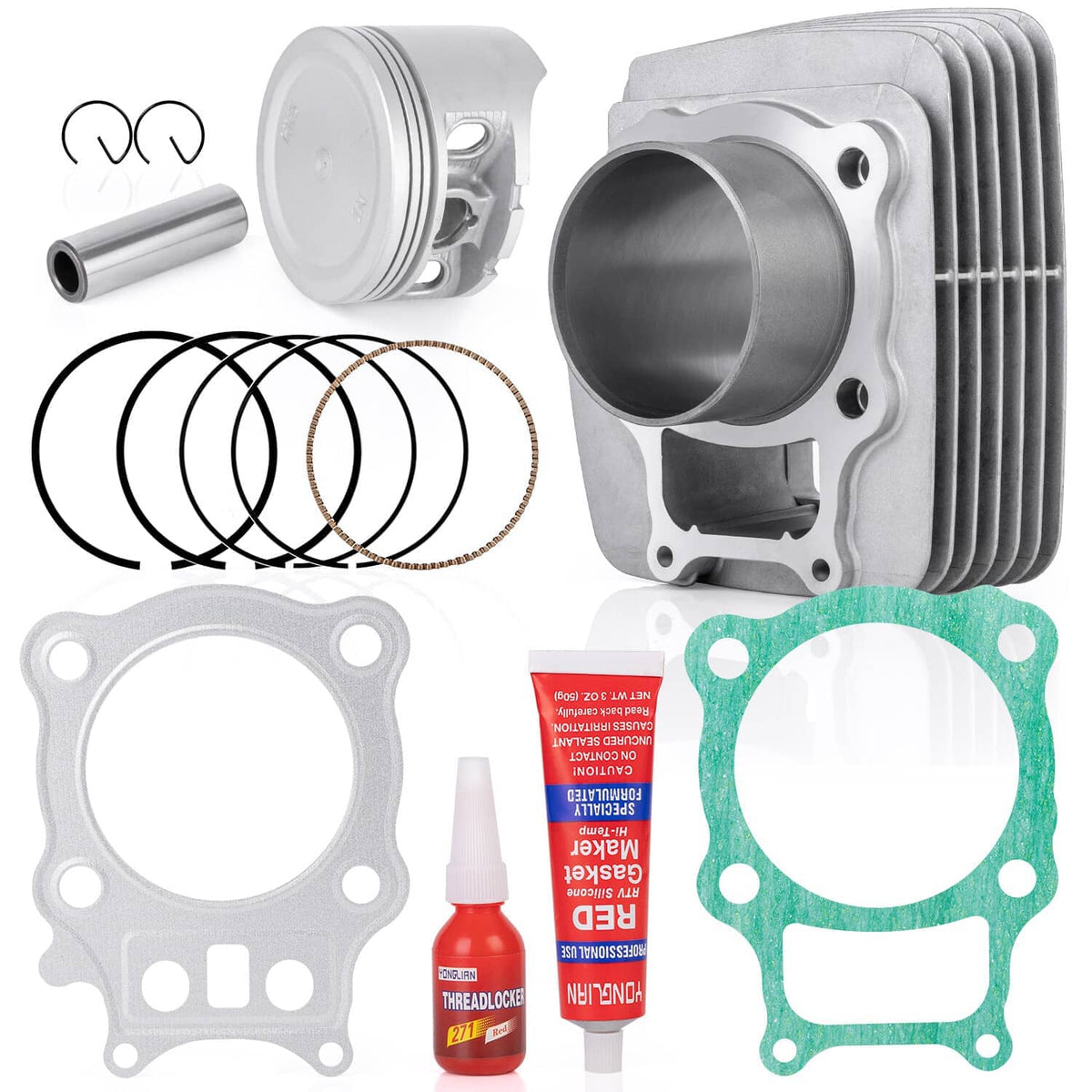 Top end rebuild kit components: cylinder, piston, rings, and gaskets