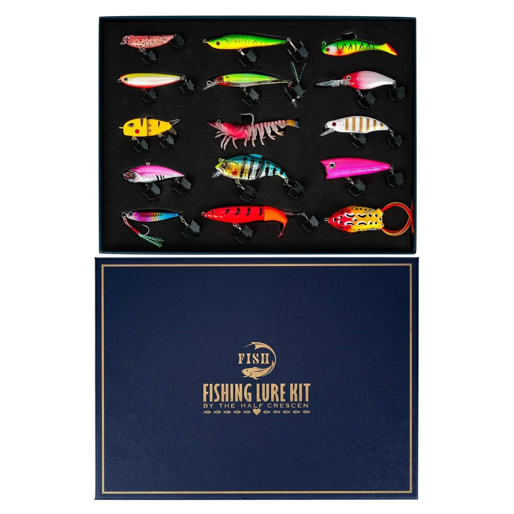 Fishing lures kit gift box with assorted colorful crankbaits and jig lures