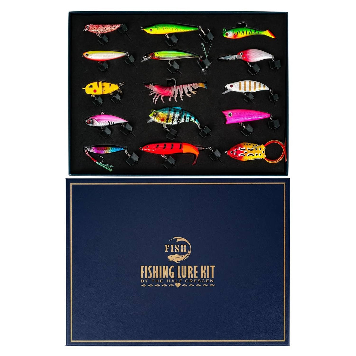 Fishing lures kit gift box with assorted colorful crankbaits and jig lures