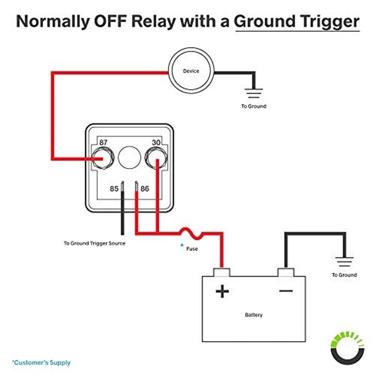 Normally OFF relay circuit diagram with ground trigger and fuse