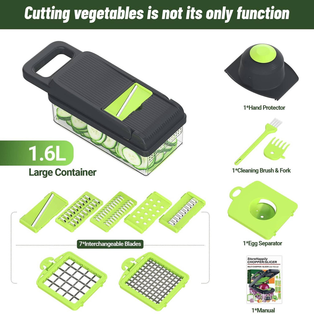 Vegetable chopper set with large clear container, hand protector, and interchangeable blades