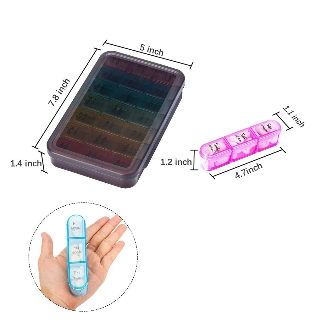 Compact 3-times-a-day pill organizer with labeled compartments and size markings