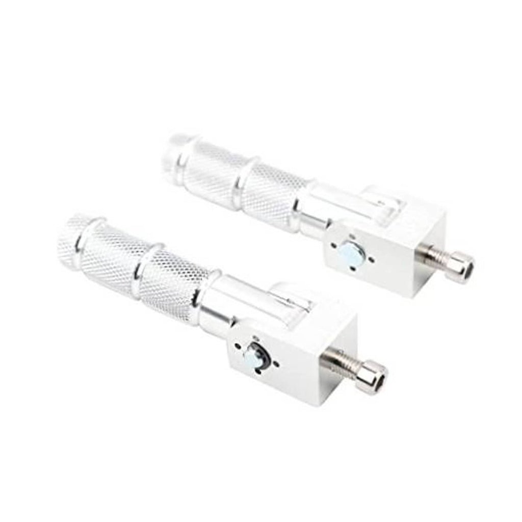 Silver folding CNC motorcycle foot pegs with textured grips and mounting bolts