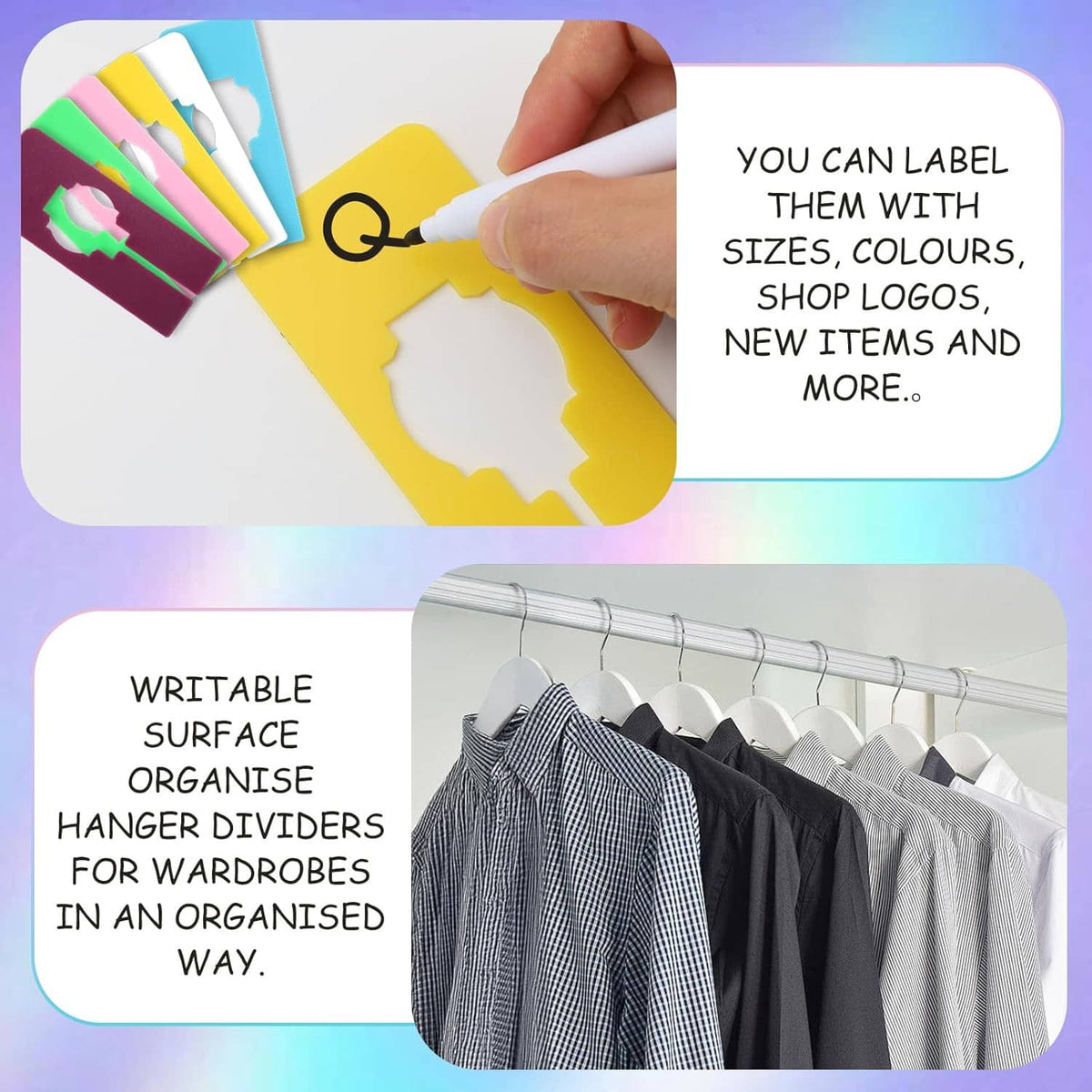 Yellow writable plastic closet rack divider clip being labeled with a marker pen