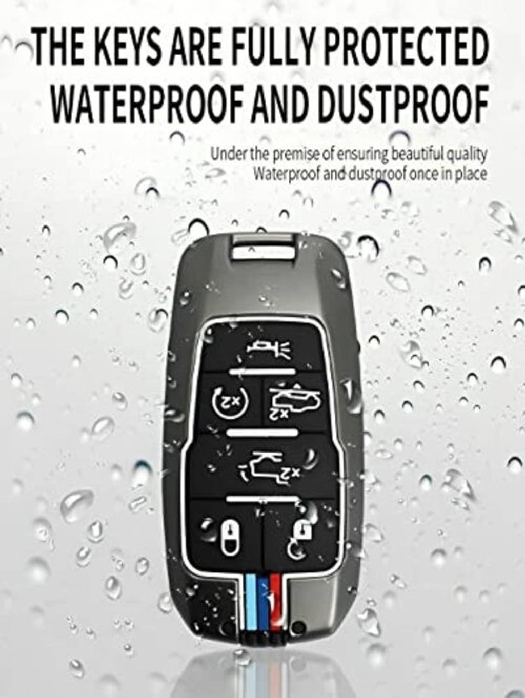 Gray waterproof metal key fob cover case with front button icons and key ring loop.