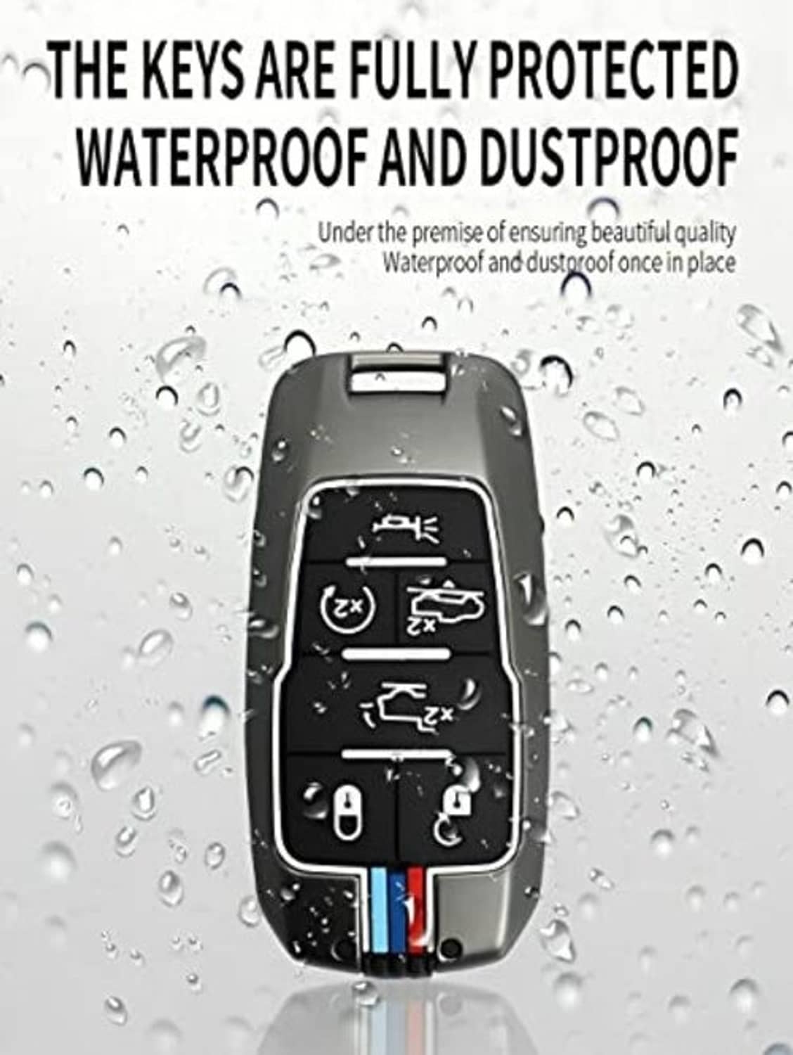 Gray waterproof metal key fob cover case with front button icons and key ring loop.