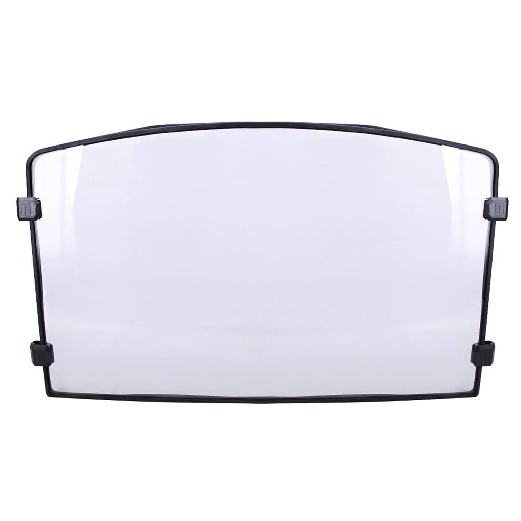 UTV full windshield with clear tinted panel and black frame, isolated front view