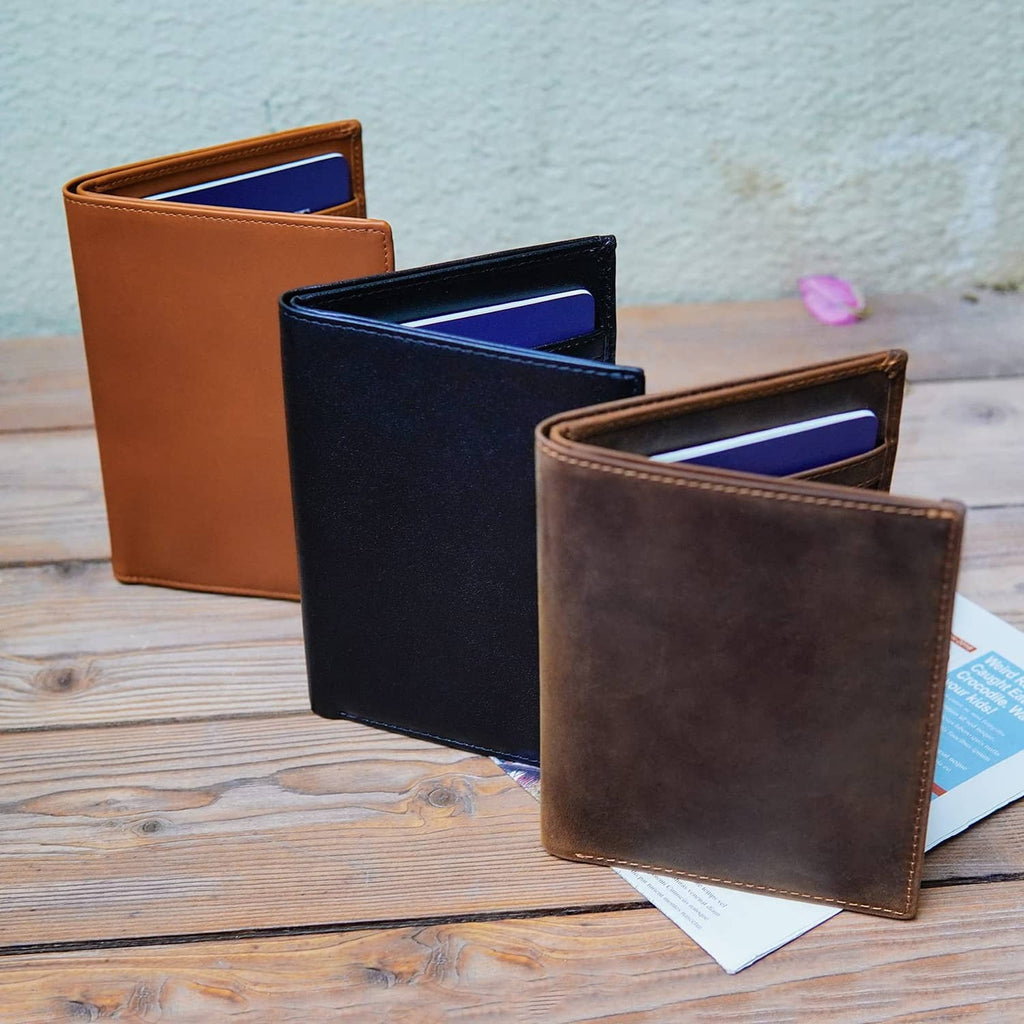 Assorted brown and dark leather passport holders set, stacked with card compartments