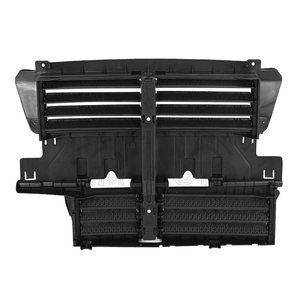 Radiator active grille shutter with motor, front view with central linkage and grille bars
