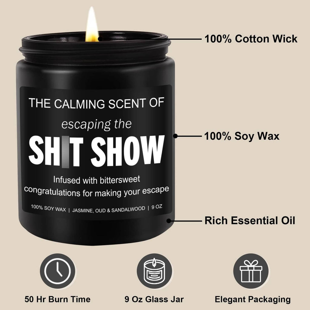 Black soy wax jar candle with lit wick; product info callouts on label.