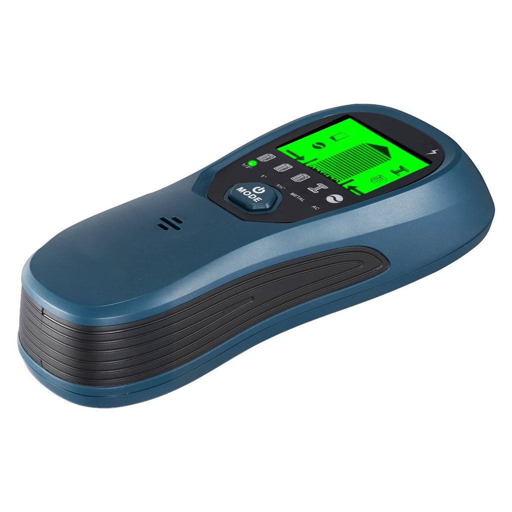 Blue handheld stud detector scanner with bright green LCD screen