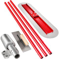 Concrete bull float tool with red rails, white float deck, and steel handle bracket