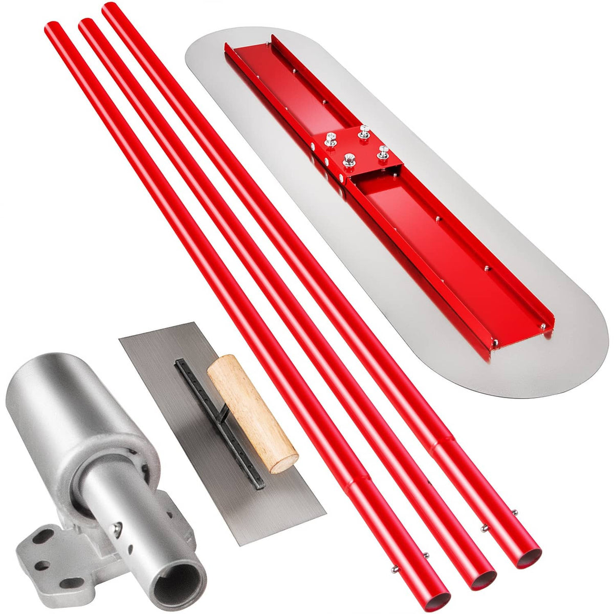 Concrete bull float tool with red rails, white float deck, and steel handle bracket