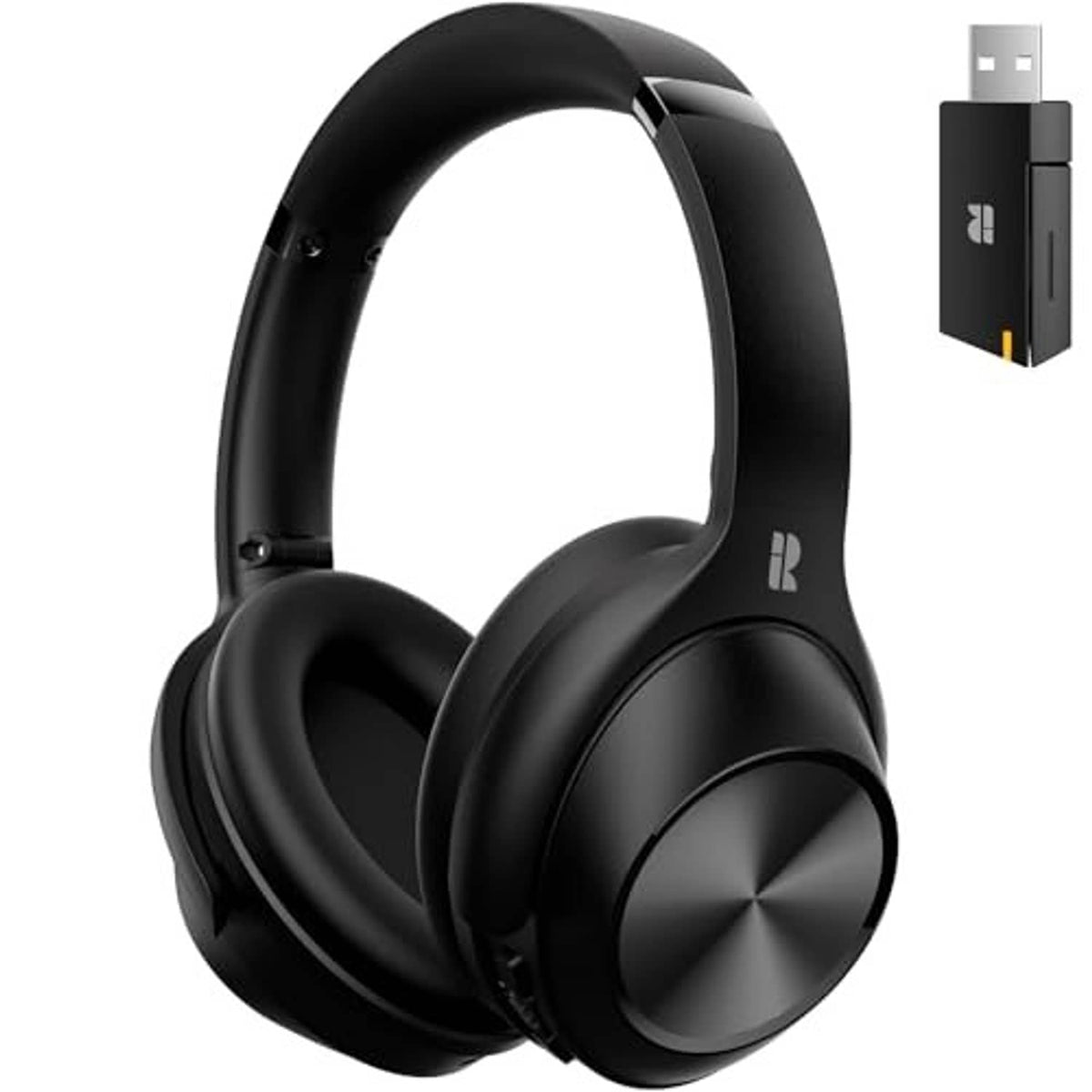 Matte black over-ear headphones with padded earcups and adjustable headband, front angle