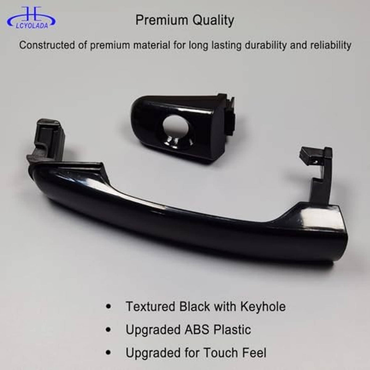Front exterior door handle, textured black with keyhole cutout, ABS plastic