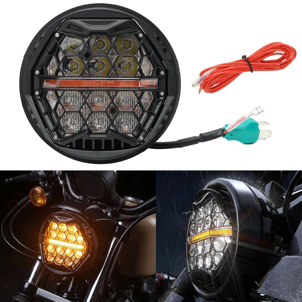 Round 5.75-inch LED headlight with black housing and wiring harness, shown lit on motorcycle
