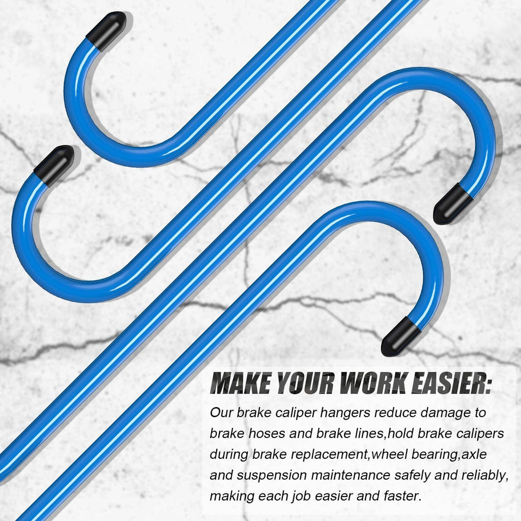 Two blue long brake caliper hooks with black rubber ends for secure hanging
