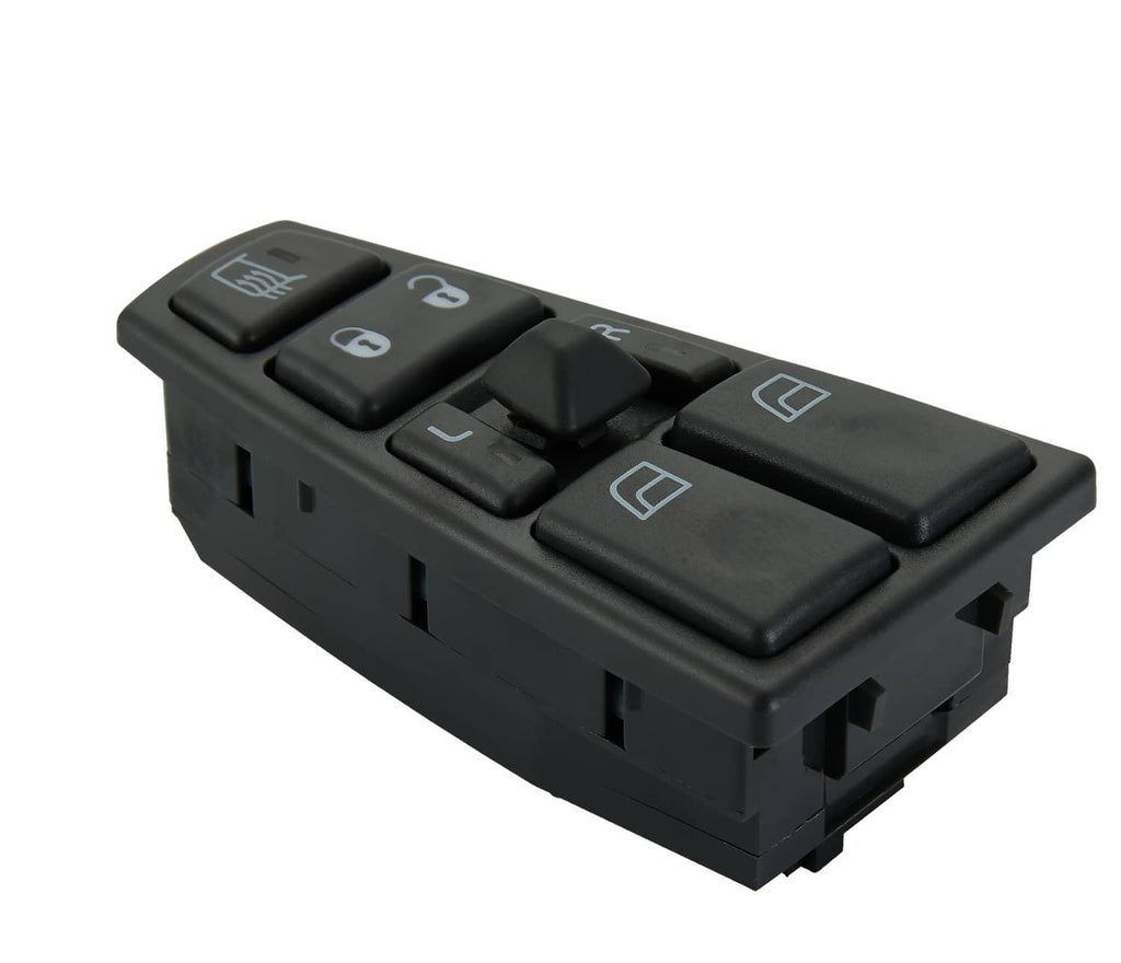 Black power window switch with window control buttons and small indicator icons.