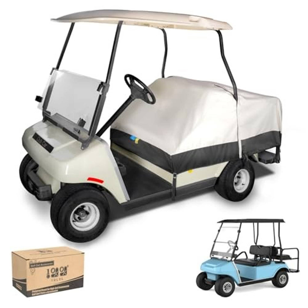 Beige and black waterproof seat cover covering a golf cart seat