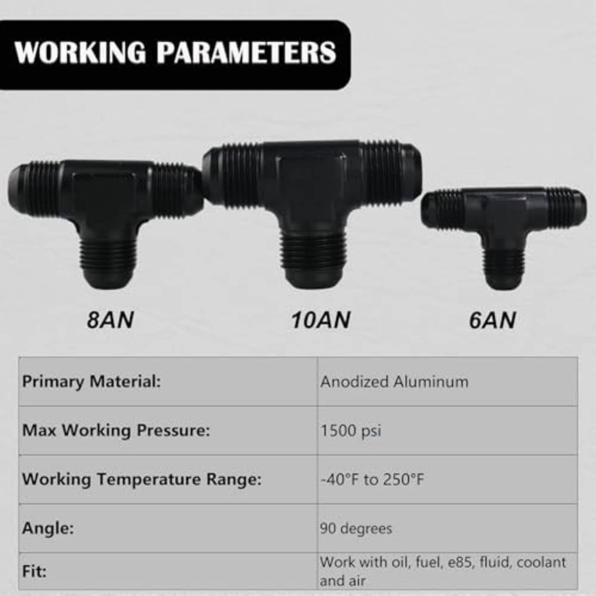 Black AN tee adapter fitting showing 8AN, 10AN, and 6AN threaded ports.