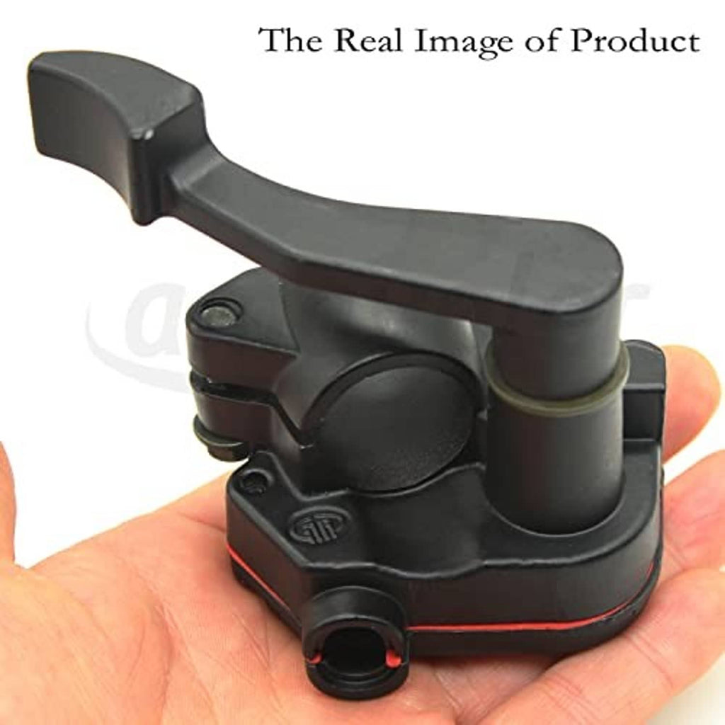Black throttle lever thumb control handle held in hand, round grip and red trim