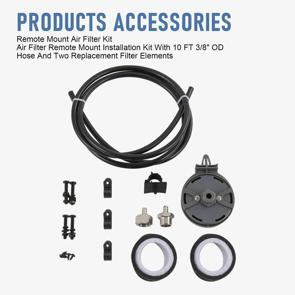 Air compressor accessories kit with black hose, filter parts, and replacement elements