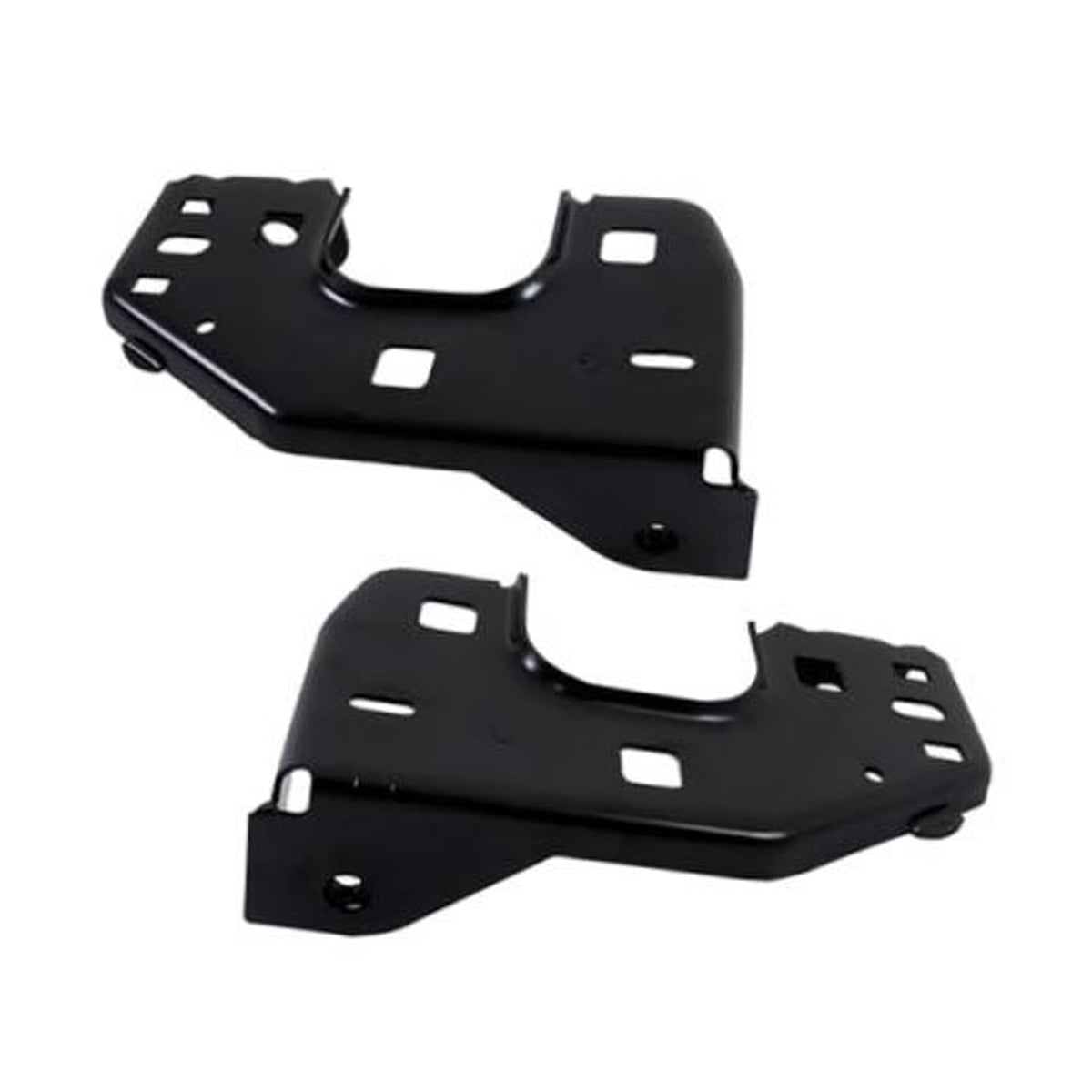 Front bumper inner bracket retainer set, black metal with mounting holes, set of 2
