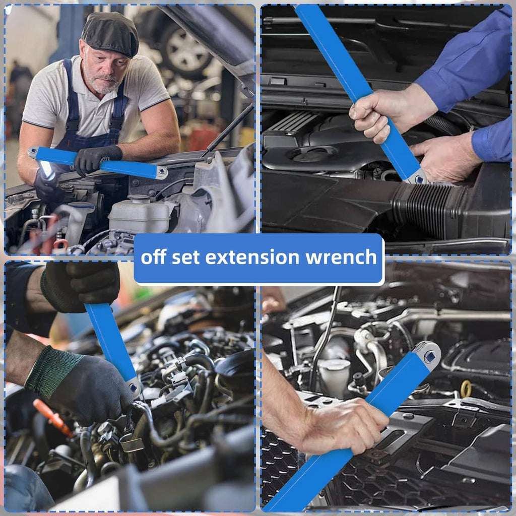 Offset extension wrench held by a mechanic for automotive fasteners