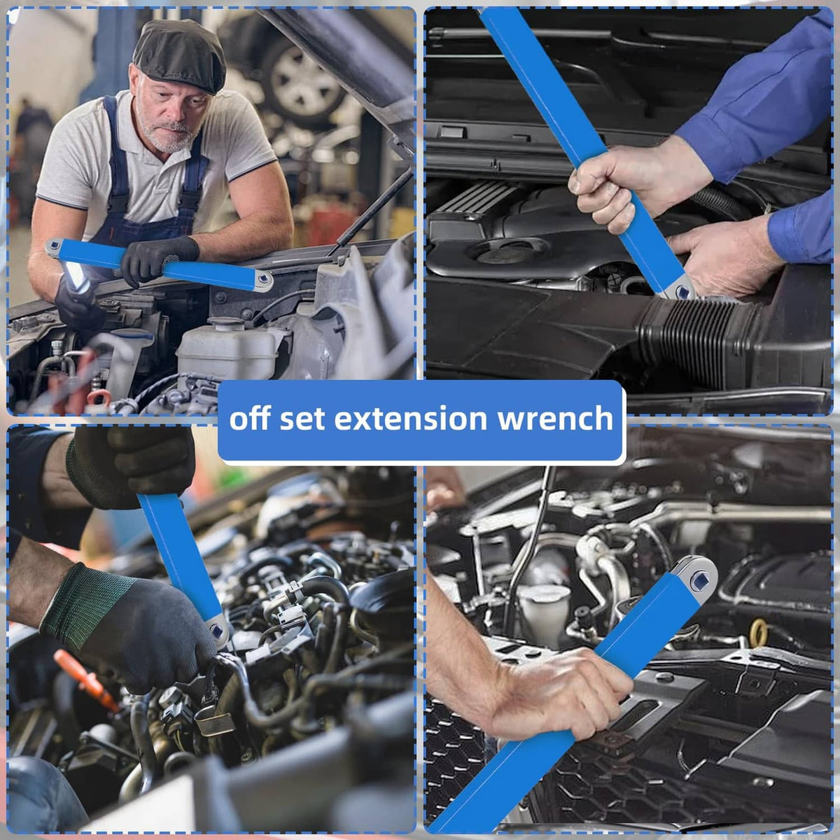 Offset extension wrench held by a mechanic for automotive fasteners