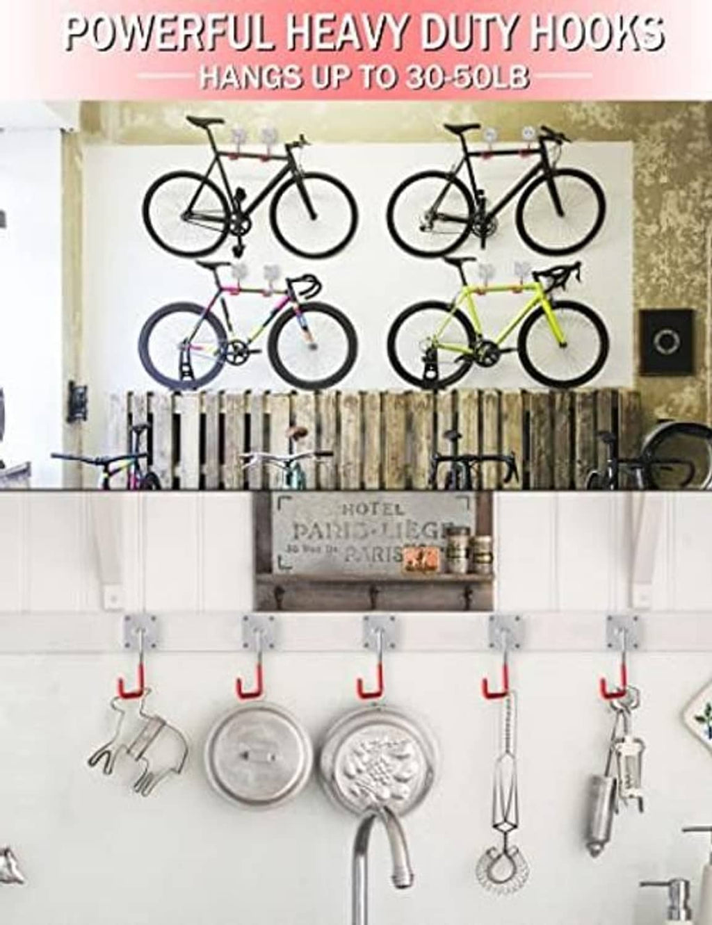 Row of wall-mounted red U-shaped hooks with stainless brackets for heavy-duty storage