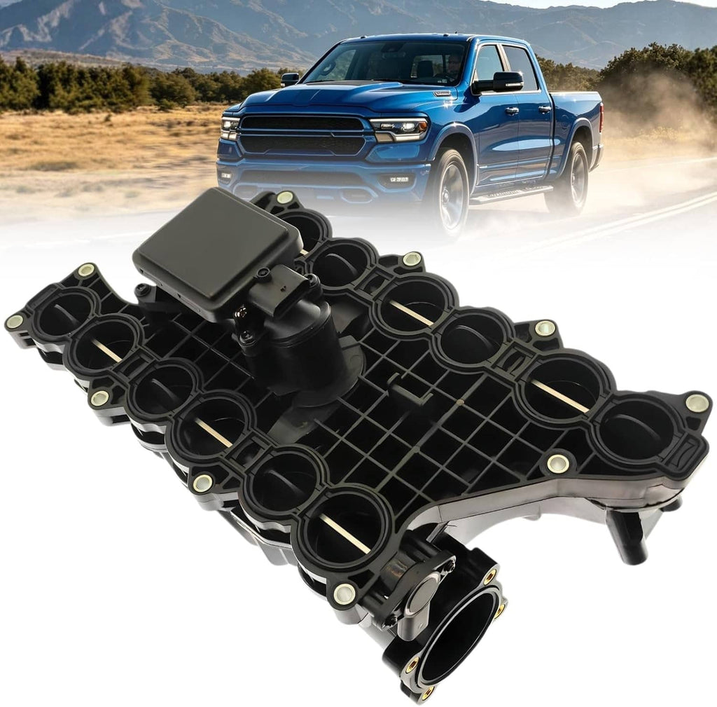Black intake manifold with control actuator and vacuum ports, replacement engine part