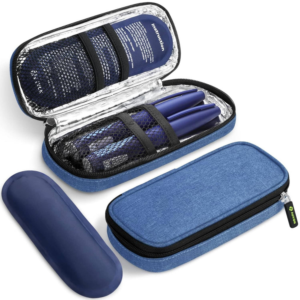Blue cooler case with open lid, showing blue zip pouch and blue pen holders