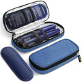 Blue cooler case with open lid, showing blue zip pouch and blue pen holders