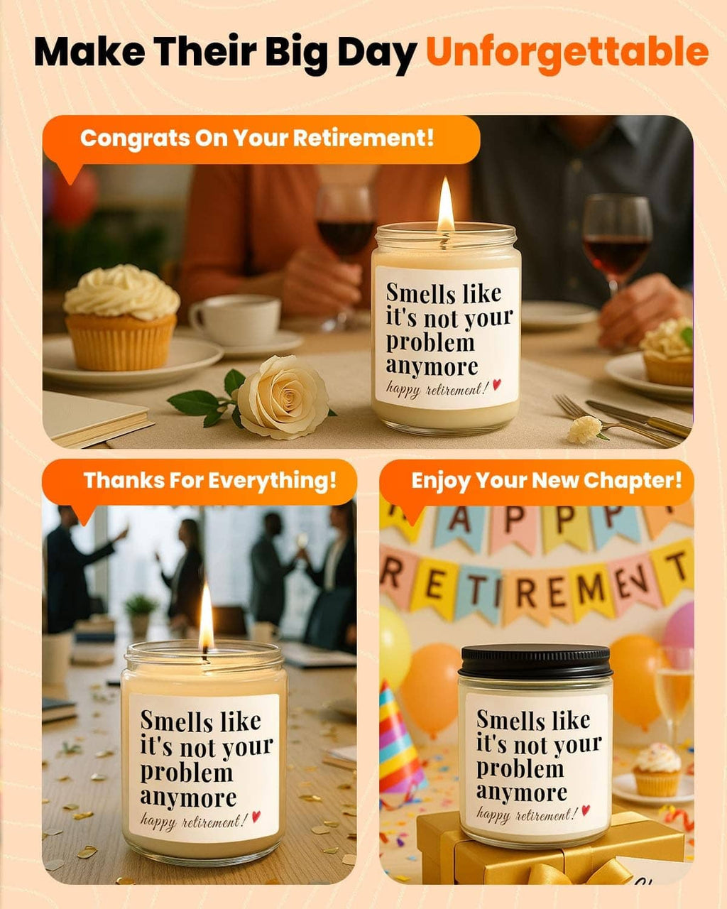 Set of four retirement gift candles in clear glass jars with black lids and humorous labels.