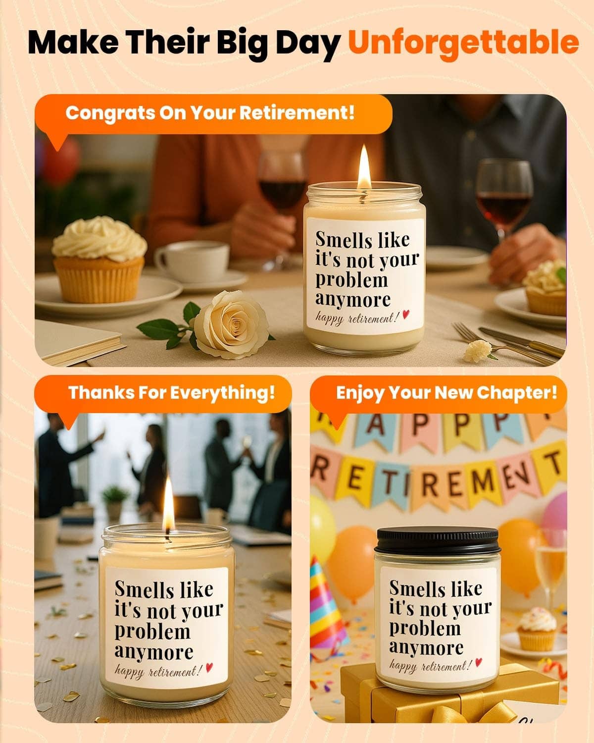 Set of four retirement gift candles in clear glass jars with black lids and humorous labels.